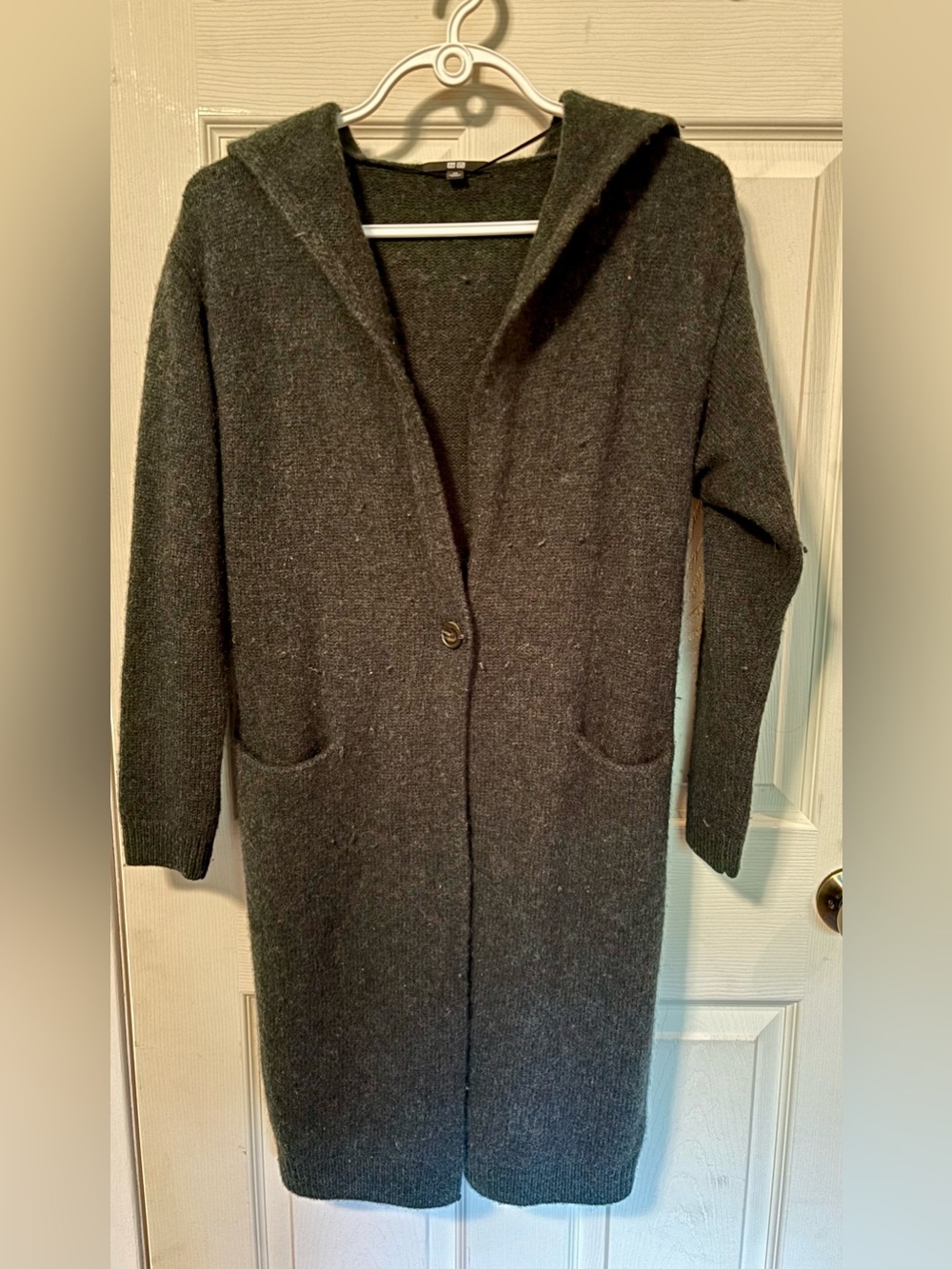 Comfy Uniqlo Wool Dark Green-Gray Hooded Long Knit